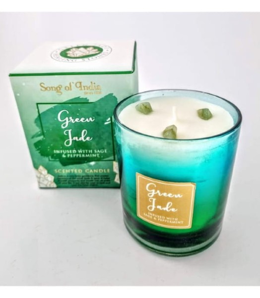 Świeca zapachowa z kamieniami naturalnymi Zielony Jadeit zapach szałwia i mięta