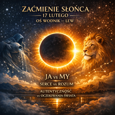Zaćmienie Słońca i Nów Księżyca 17 lutego 2026 – oś Wodnik–Lew